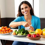 A personalized meal plan on a table, with fresh fruits, vegetables, and whole grains. A friendly well-being coordinator smiles while pointing to the plan, explaining healthy food choices. Soft, natural lighting to emphasize health and wellness.