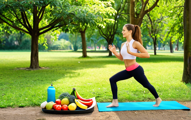 **
A vibrant scene depicting various healthy lifestyle activities. Include a person enjoying a balanced meal with fruits and vegetables, another person doing yoga in a serene environment, and someone jogging in a park. The overall atmosphere should be bright, positive, and promoting a sense of well-being. Keywords: healthy eating, yoga, exercise, outdoor activities, well-being, balanced lifestyle.
**