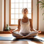 **

A serene woman meditating peacefully in a quiet, sunlit room. She is sitting comfortably with her eyes closed, focusing on her breath. Soft, natural light illuminates her face, conveying a sense of calm and inner peace. Background includes subtle details like plants or a yoga mat, emphasizing well-being.

**