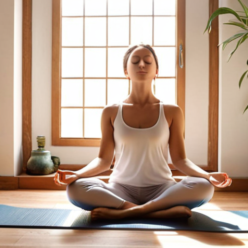 Home 7 **
A serene woman meditating peacefully in a quiet, sunlit room. She is sitting comfortably with her eyes closed, focusing on her breath. Soft, natural light illuminates her face, conveying a sense of calm and inner peace. Background includes subtle details like plants or a yoga mat, emphasizing well-being.
**