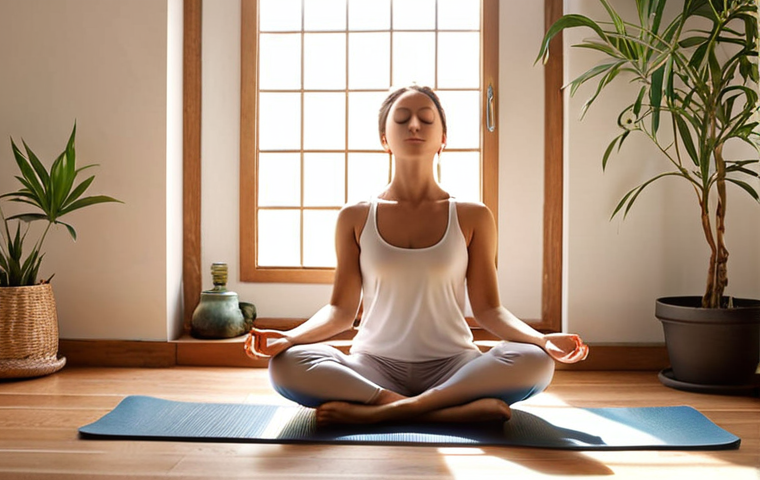 **
A serene woman meditating peacefully in a quiet, sunlit room. She is sitting comfortably with her eyes closed, focusing on her breath. Soft, natural light illuminates her face, conveying a sense of calm and inner peace. Background includes subtle details like plants or a yoga mat, emphasizing well-being.
**