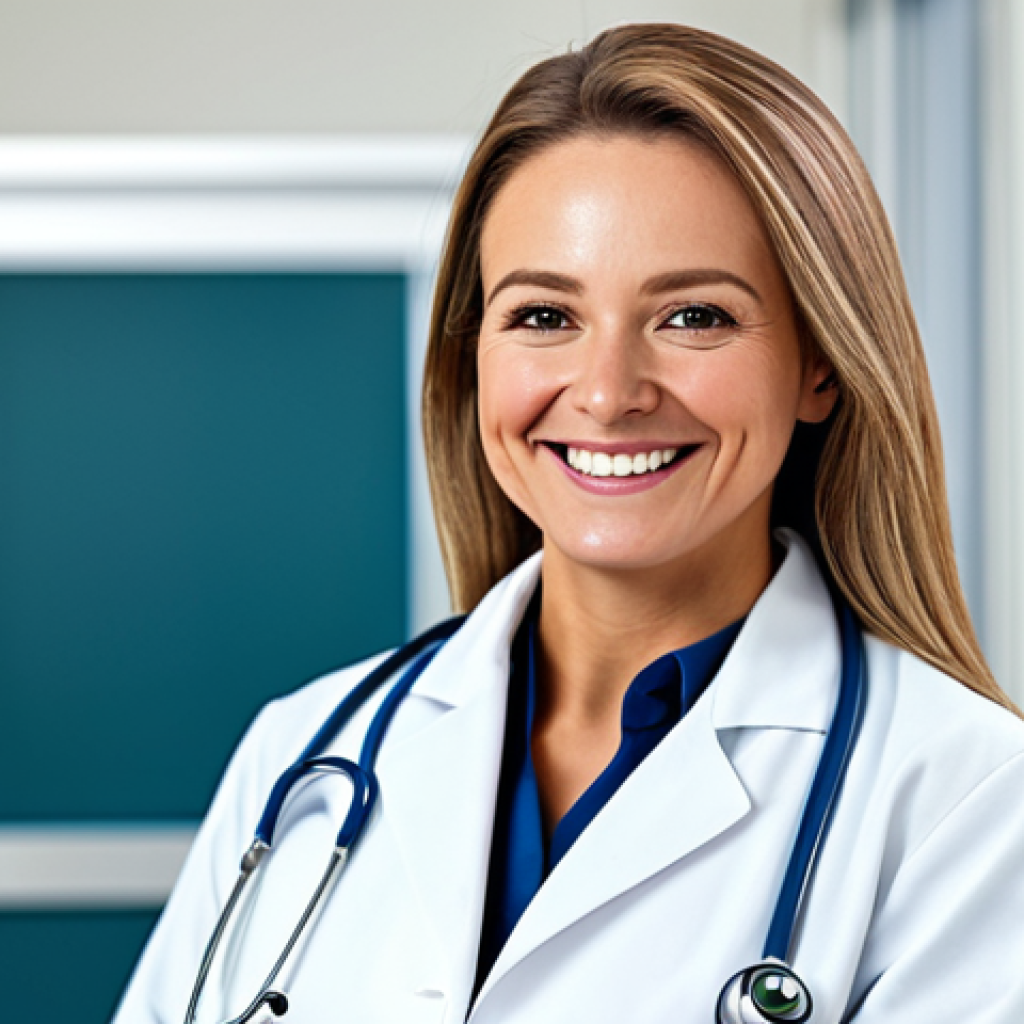 "A professional female doctor in a modest white coat, smiling warmly in a bright and clean hospital environment, fully clothed, appropriate content, safe for work, perfect anatomy, natural proportions, professional medical photography, high quality."