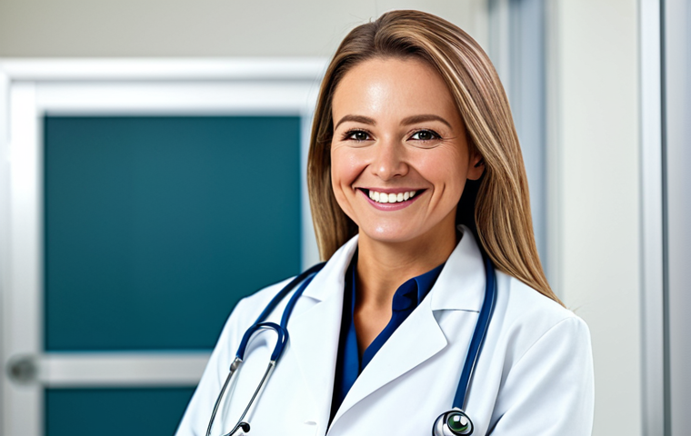 "A professional female doctor in a modest white coat, smiling warmly in a bright and clean hospital environment, fully clothed, appropriate content, safe for work, perfect anatomy, natural proportions, professional medical photography, high quality."
