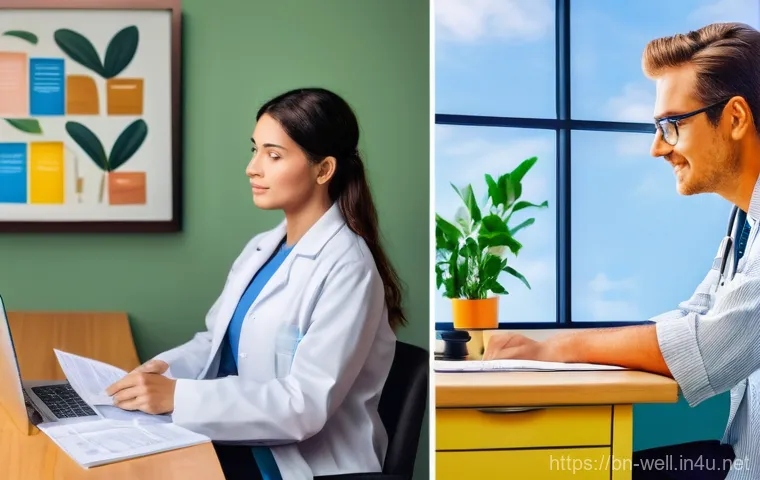 웰빙코디네이터와 고객 건강 개선 사례 - **Prompt:** "A vibrant, split-panel image contrasting two approaches to health. On the left panel, d...